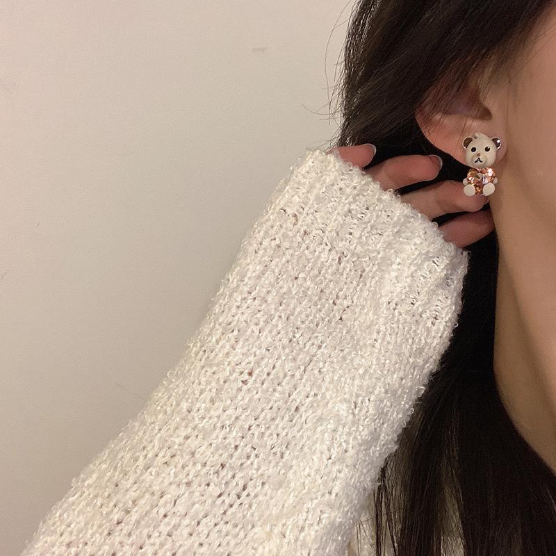 Silbernadel Diamant Bär Ohrringe Cartoon Niedlich Mode Stecker Ohrringe Nische Vielseitige Persönlichkeit Premium Ohrringe Frauen