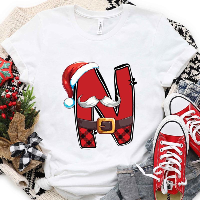 

Womens Christmas Alphabet Tshirt AZ Letter Print Graphic Tee Female Clothing Santa Holiday Party Casual Fashion Top for Xmas S