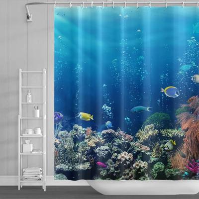 Tropical Ocean Fish Marine Animal Coral Reef Shower Curtain Summer Blue Sea Bathroom Decoration Shower Curtain with Hook
