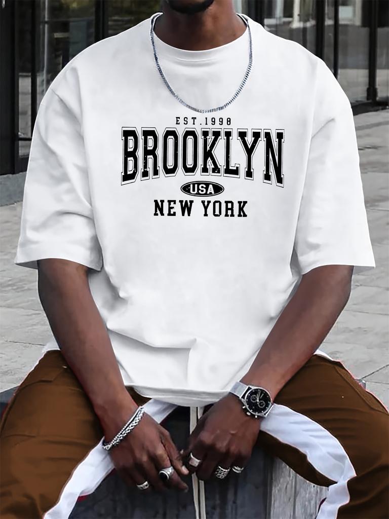 Sommer Unisex 100% Reine Baumwolle Lässiges Modisches Lockeres Brooklyn Print Rundhals Kurzarm T-Shirt Vielseitiges Oberteil
