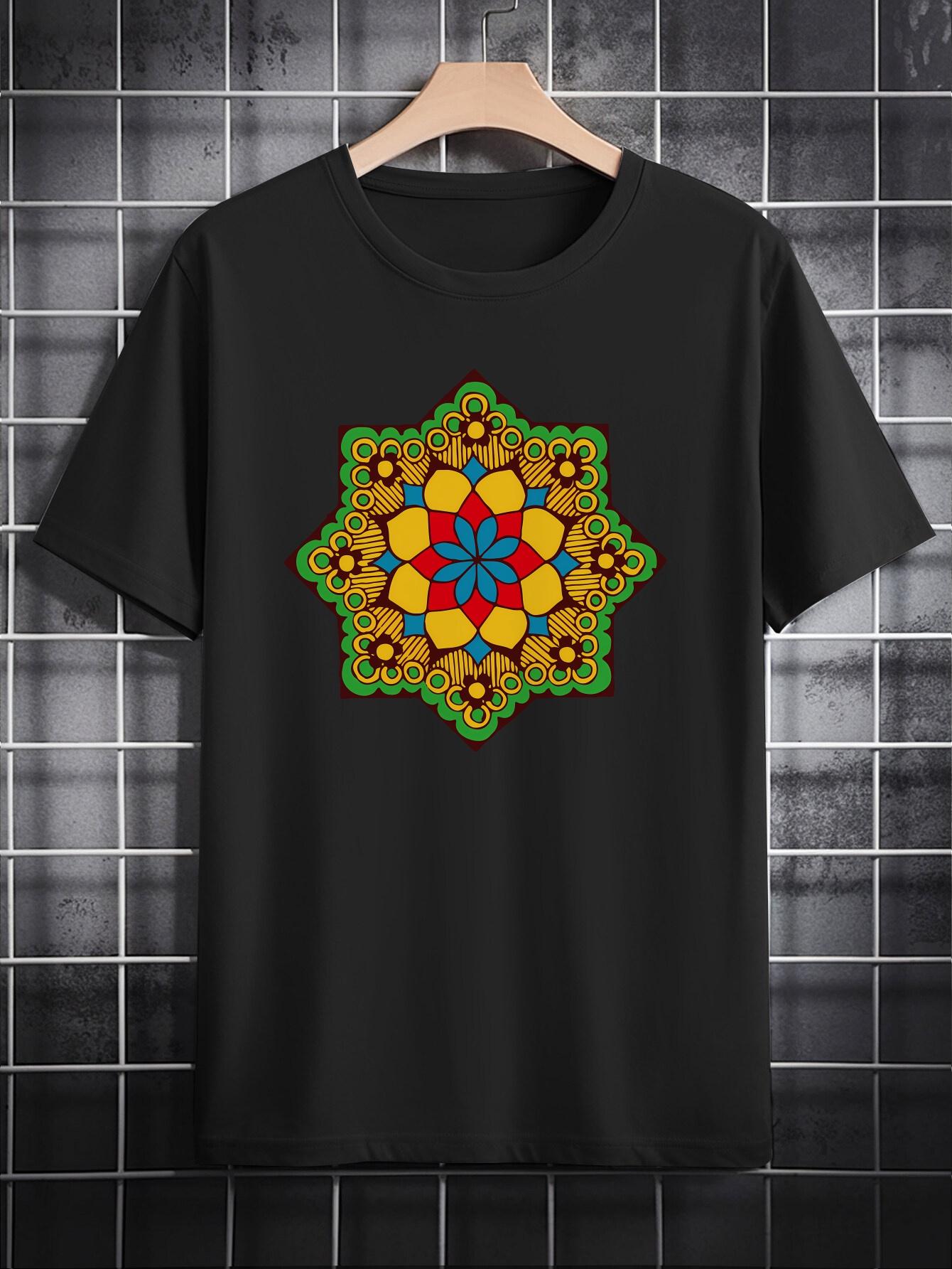 Casual Crew Neck T-shirt with Vibrant Blue Mandala Print on Dark Brown Background – Stylish Summer Top XXXXL
