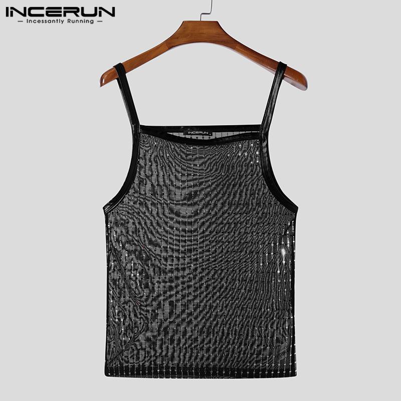 INCERUN Men Strap See Through Tank Tops Sleeveless Party Mesh Glitter T-shirts