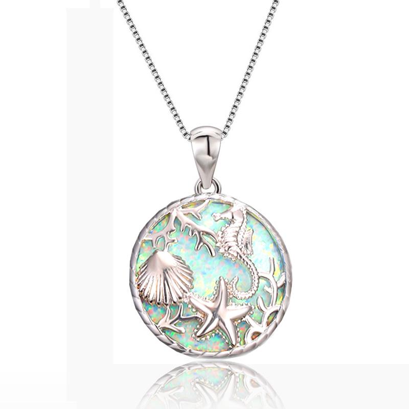 Boho Fashion Flower Pendant Necklace for Women Girl Charm Blue Imitation Opal Necklace Trendy Wedding Party Jewelry