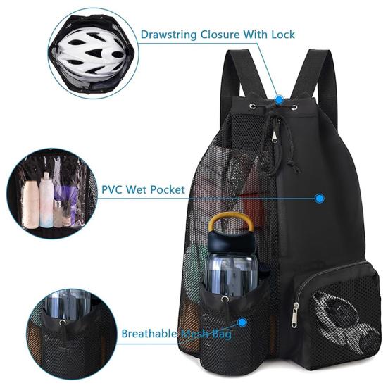 Mesh Beach Backpack with Wet Pocket Large Capacity Drawstring Swim Bag for Pool Swimming Gym Workout Gear