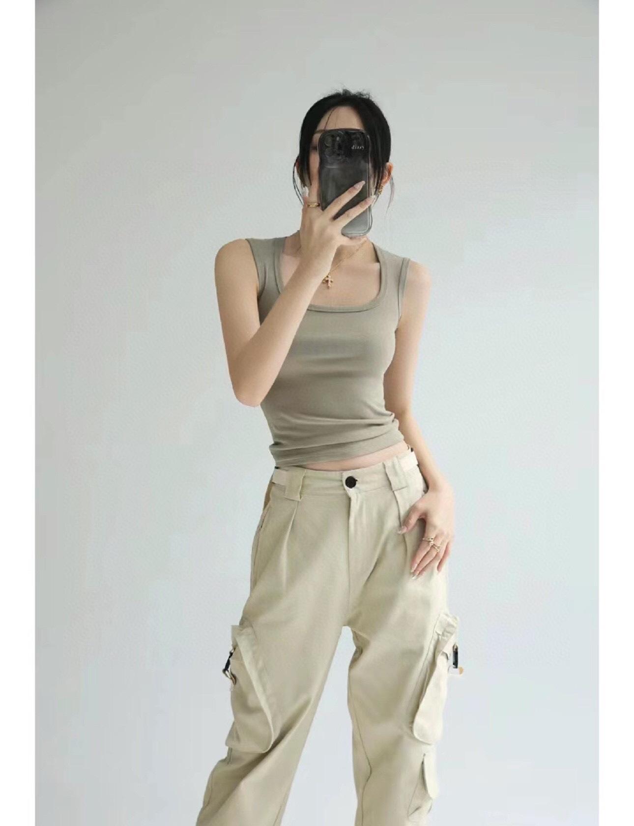 Summer Ribbed Cotton Racerback Camisole: Sleek, Sleeveless Knit Top XL (135-150 lbs) легкие хаки