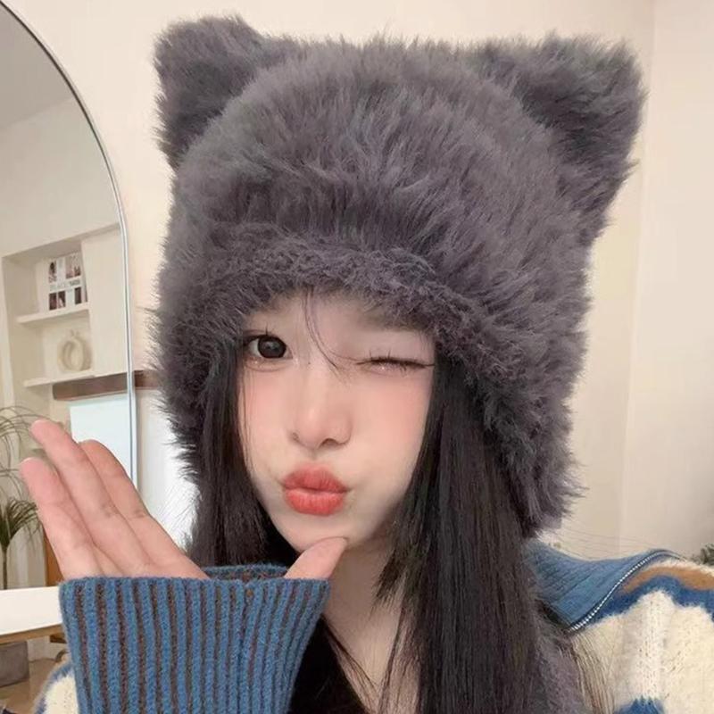 Winter Warm Plush Hat for Women Funny Bear Ear Hat Hooded Skull Hat Outdoor Activity Cap Windproof Headwear Pullover Hat