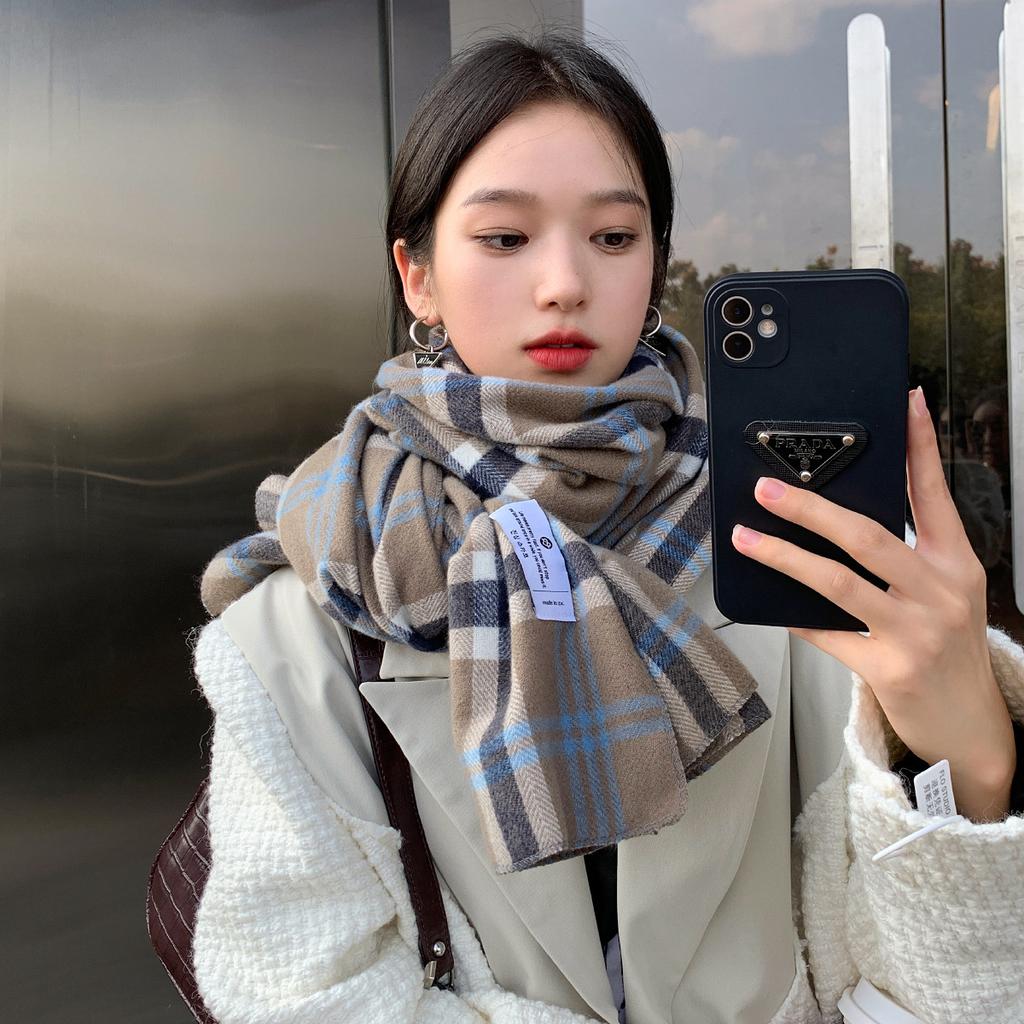 Korean version ins soft waxy imitation cashmere double-thread plaid scarf women's winter color matching versatile warm student knitted scarf