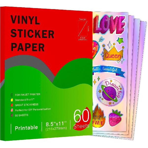Holographic Printable Vinyl Sticker Paper for Inkjet Printer - 30 Sheets - 8.5" x 11" - Waterproof Labels Paper, Dries Quickly,Vivid Colors,Tear