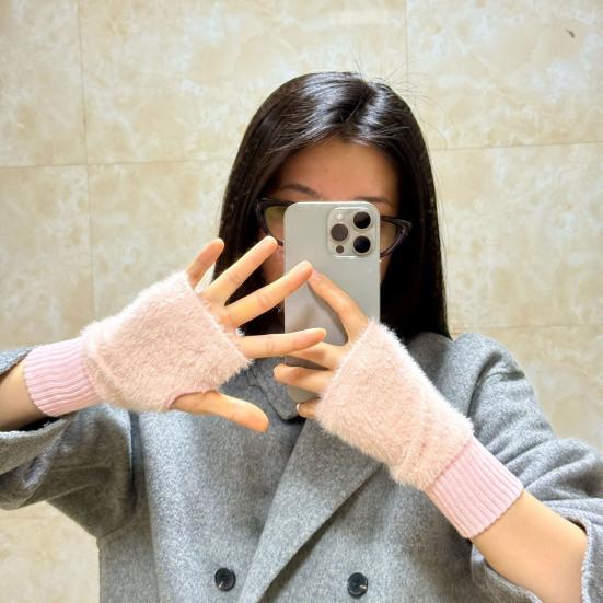 Fingerless Gloves for Women Faux Fur Thumb Hole Half Finger Gloves Stretchy Warm Winter Typing Writing Mittens