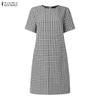 ZANZEA Women Grid Print Casual Round Neck Short Sleeve Dress