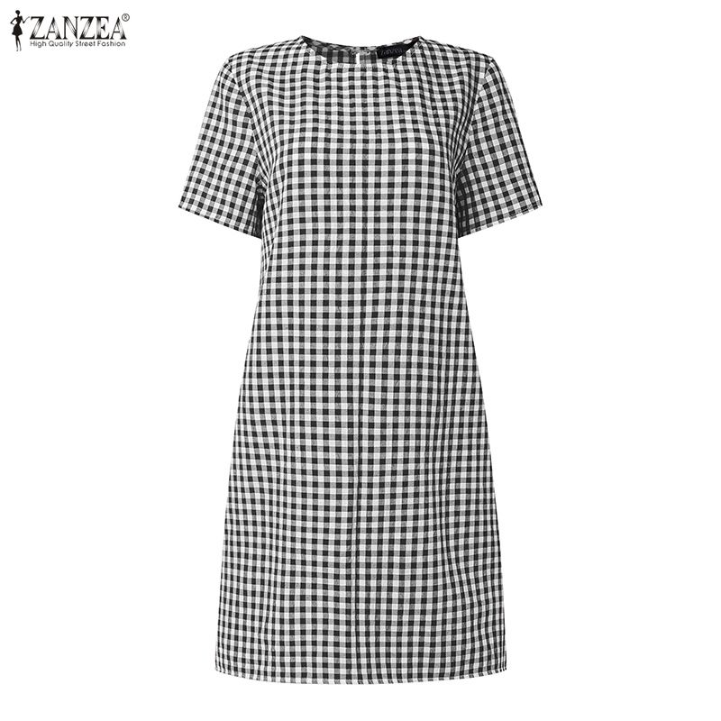 ZANZEA Women Grid Print Casual Round Neck Short Sleeve Dress