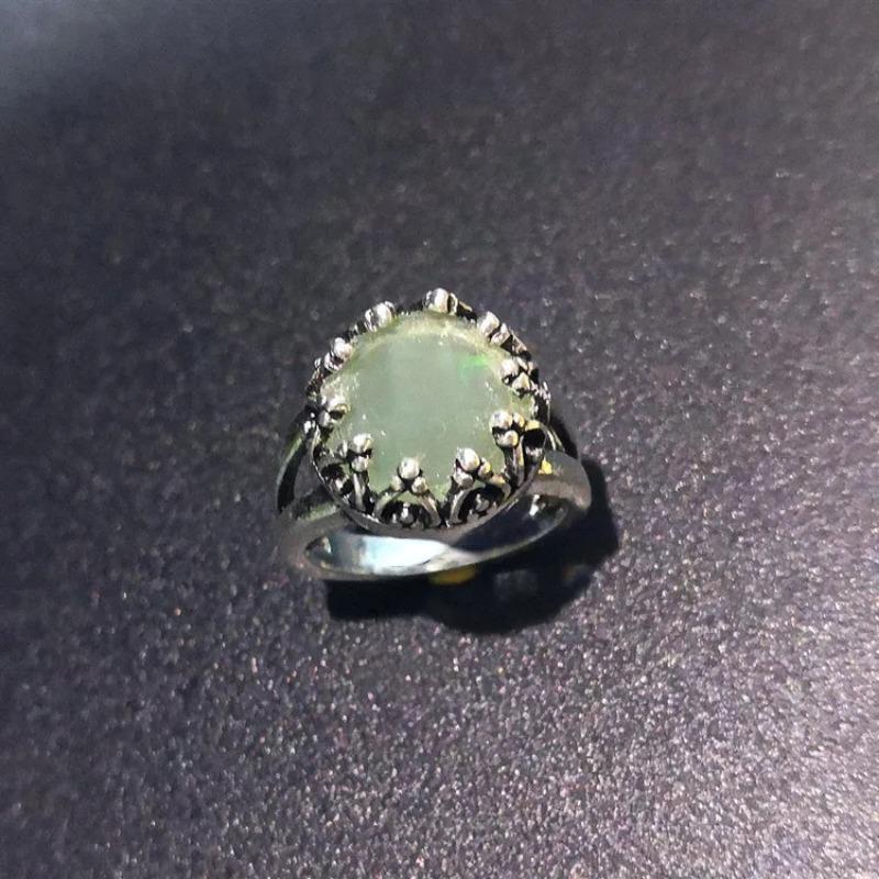 Trend Retro Ancient Silver Ring for Women Light Green Crystal Zircon Alloy Simple Gathering Light Luxury High Sense