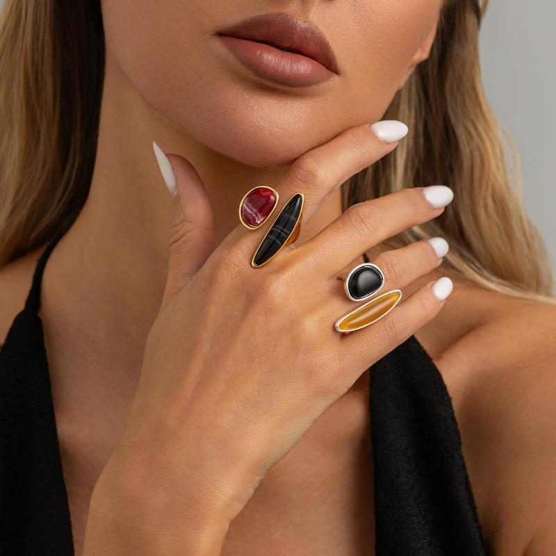 Irregular Gemstone Ring Unique Adjustable Light Luxury Retro Geometric Opening Ring Jewelry Vacation Accessories Gift