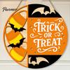 Wooden Hanging Decor Halloween Trick or Treat Door Sign, Retro Round Bat Silhouette Ornament Plaque for Home Front Wall & Party Decoration Atmosphere