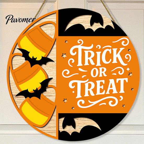 Wooden Hanging Decor Halloween Trick or Treat Door Sign, Retro Round Bat Silhouette Ornament Plaque for Home Front Wall & Party Decoration Atmosphere