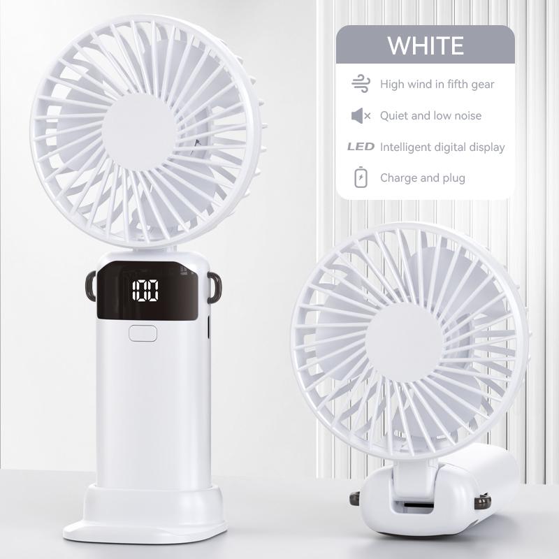Large Capacity Handheld Mini Folding Fan Dual-Purpose Base And Neck Design 5-Speed Wind Speed Silent Rechargeable Desktop Fan