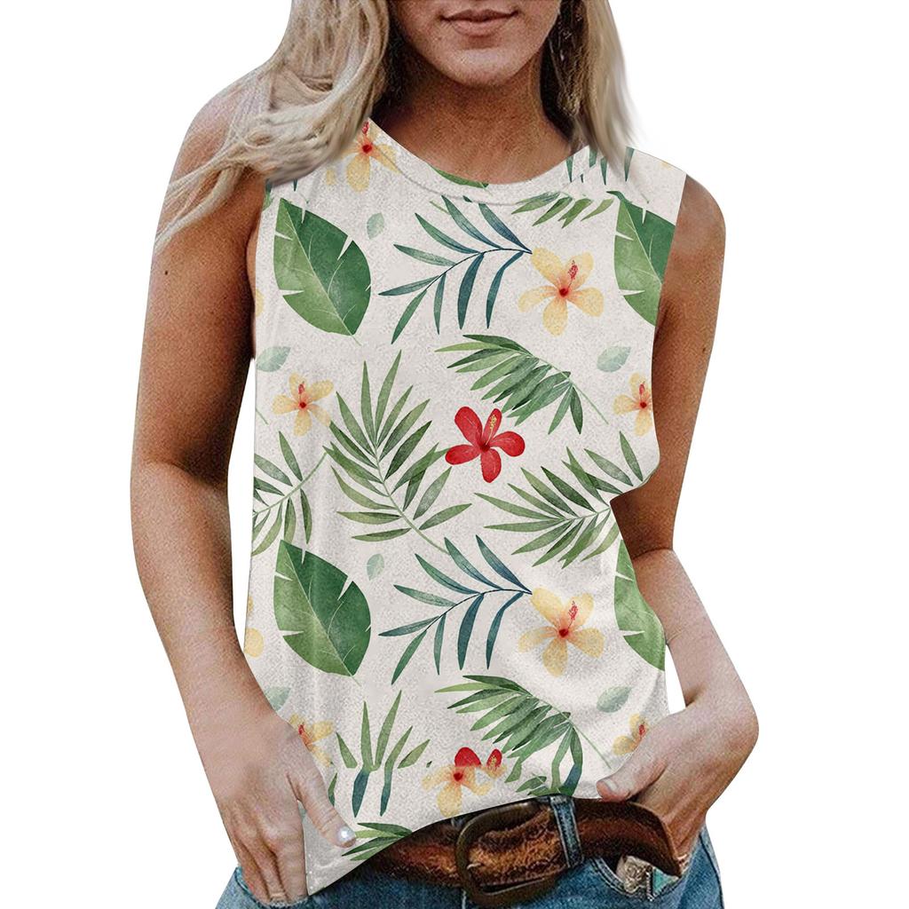 Blusa Regata Casual Feminina de Gola Redonda Sem Mangas com Estampa Havaiana X