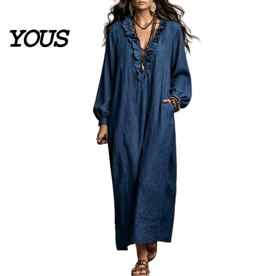 Daily Wear Dresses Women Ruffle V Neck Long Dress, Loose Fit Casual Midi Solid Color Sleeves Dress for Spring Autumn Neckline