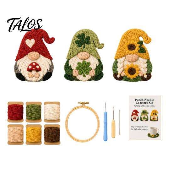 Gnome Punch Needle Coaster Kit Kit, DIY Craft Set with Pre-Printed Fabric for Adults Yarn Hoop Felt Backings, Embroidery Beginners And