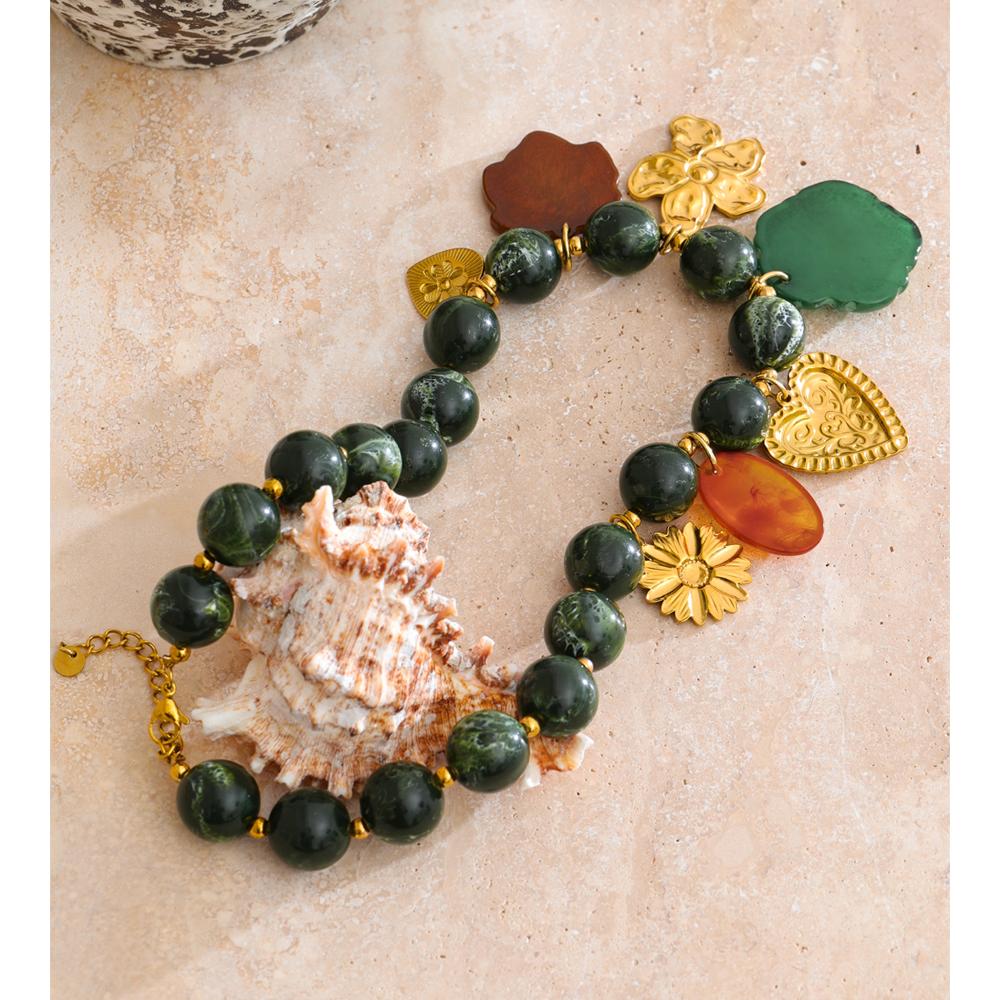 Eetit Stainless Steel Green Acrylic Beads Chain Handmade Jewelry Leaf Flower Heart Drop Charm Necklace 2025 Arrivals Popular