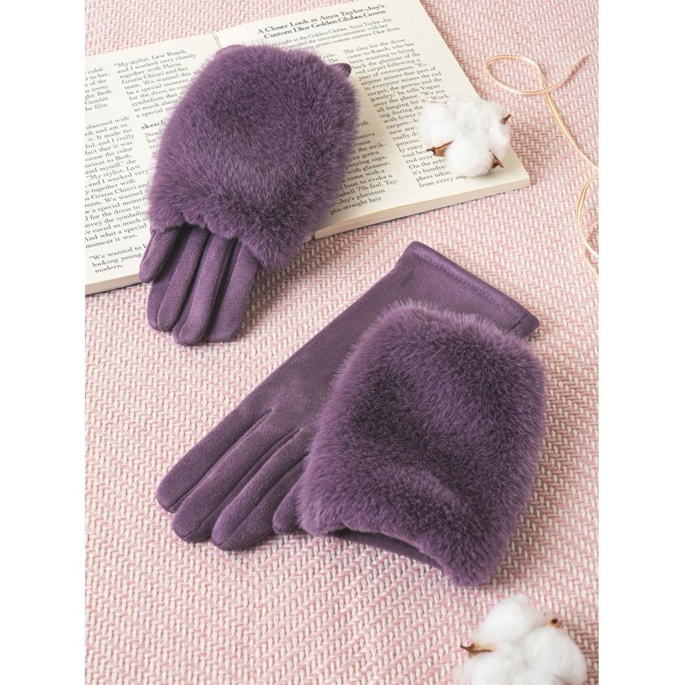Daiso Detachable Fur Women Gloves Purple