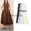 Summer New Women Clothes Pleated Decorative Single-Breasted With Belt V-neck Sleeveless Midi Dress 5029101