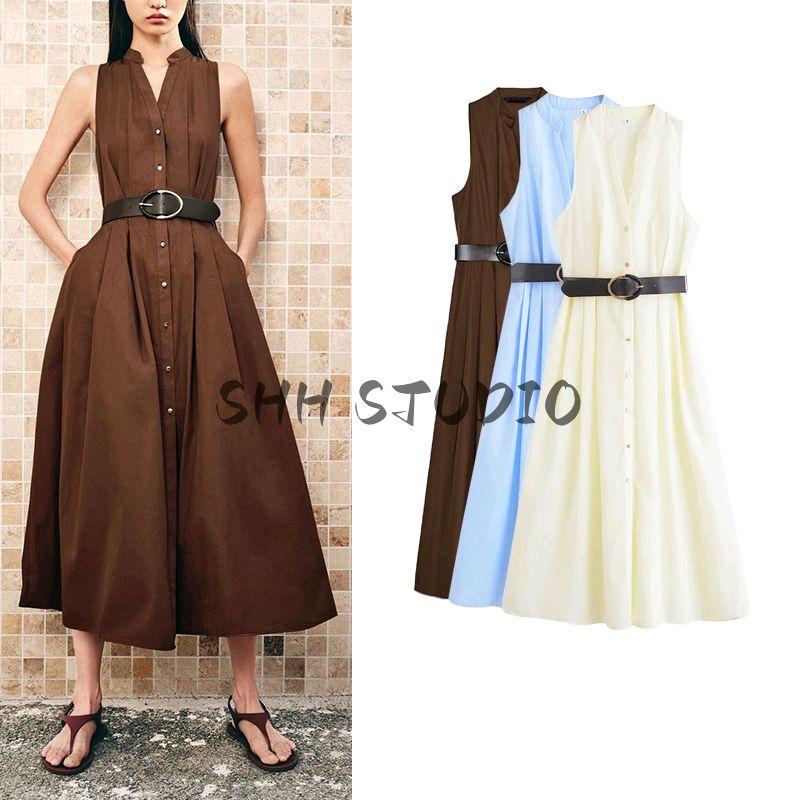 Summer New Women clothes Pleated Decorative Single-Breasted With Belt V-neck Sleeveless Midi Dress 5029101
