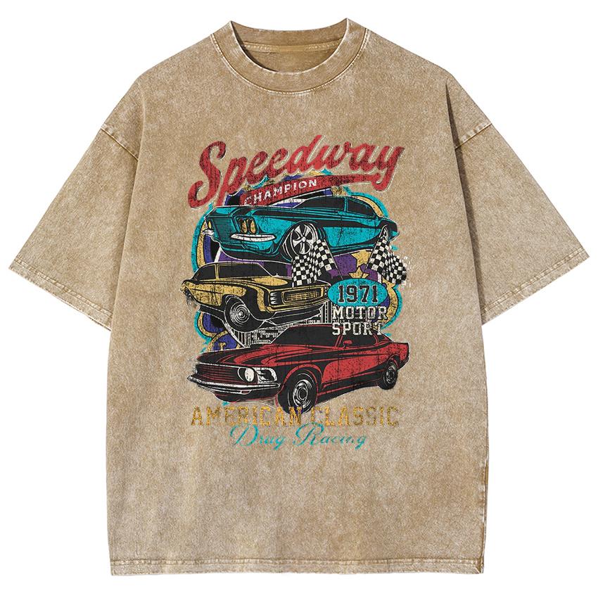 Vintage Racing Print Women's T-Shirt Washed Denim Summer Loose Short Sleeve Harajuku Distressed Top Tees