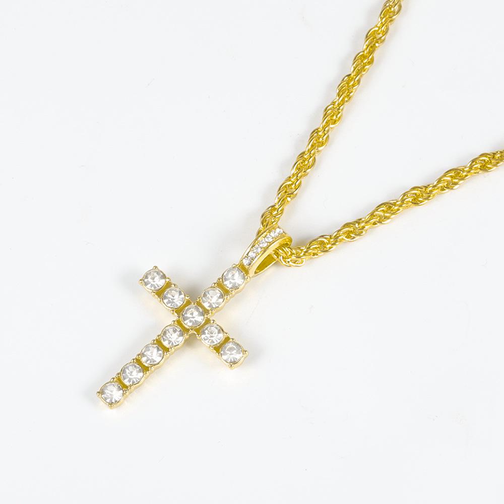 European & American Style Rhinestone Cross Pendant Necklace with 4mm Tennis Chain - Trendy Men's Hip Hop Accessories