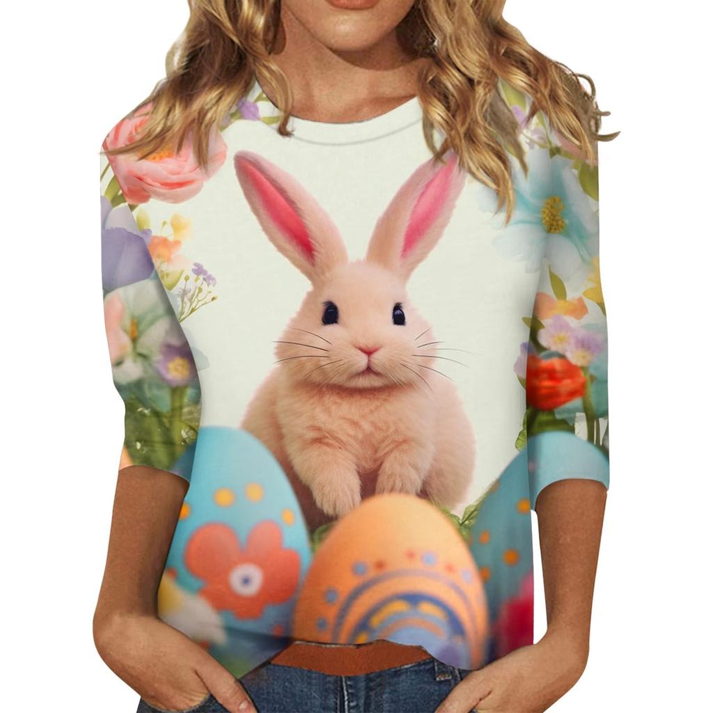 Damen Osterhasen T-Shirt Mode Langarm Rundhals Normales Oberteil Feiertagswochenende Print Floral Rot Frühling Herbst Outfit