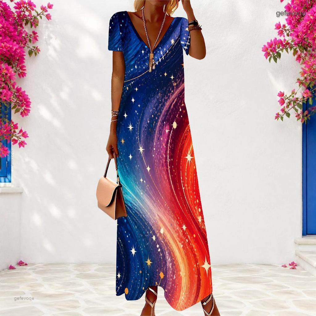 Women Plus Size V Neck Short Sleeve Galaxy Star Printed Maxi Dress