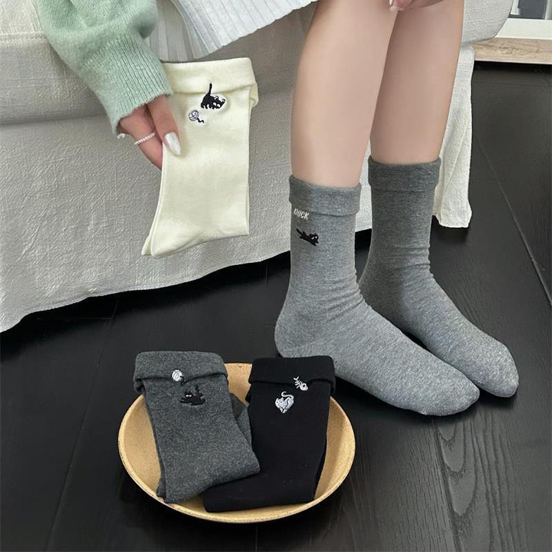 Autumn Cat Embroidered Mid-Calf Socks - Black, White, Gray, Cotton, Versatile, Women's