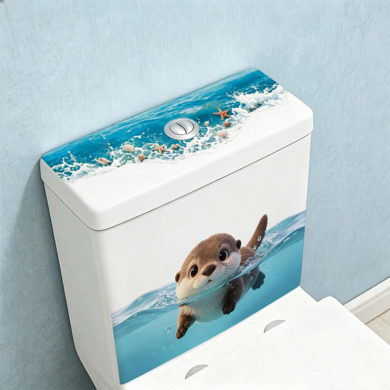 Cute Otter Toilet Tank Sticker No Tool Needed Waterproof Ocean Wave Vinyl Decal for DIY Bathroom Makeover