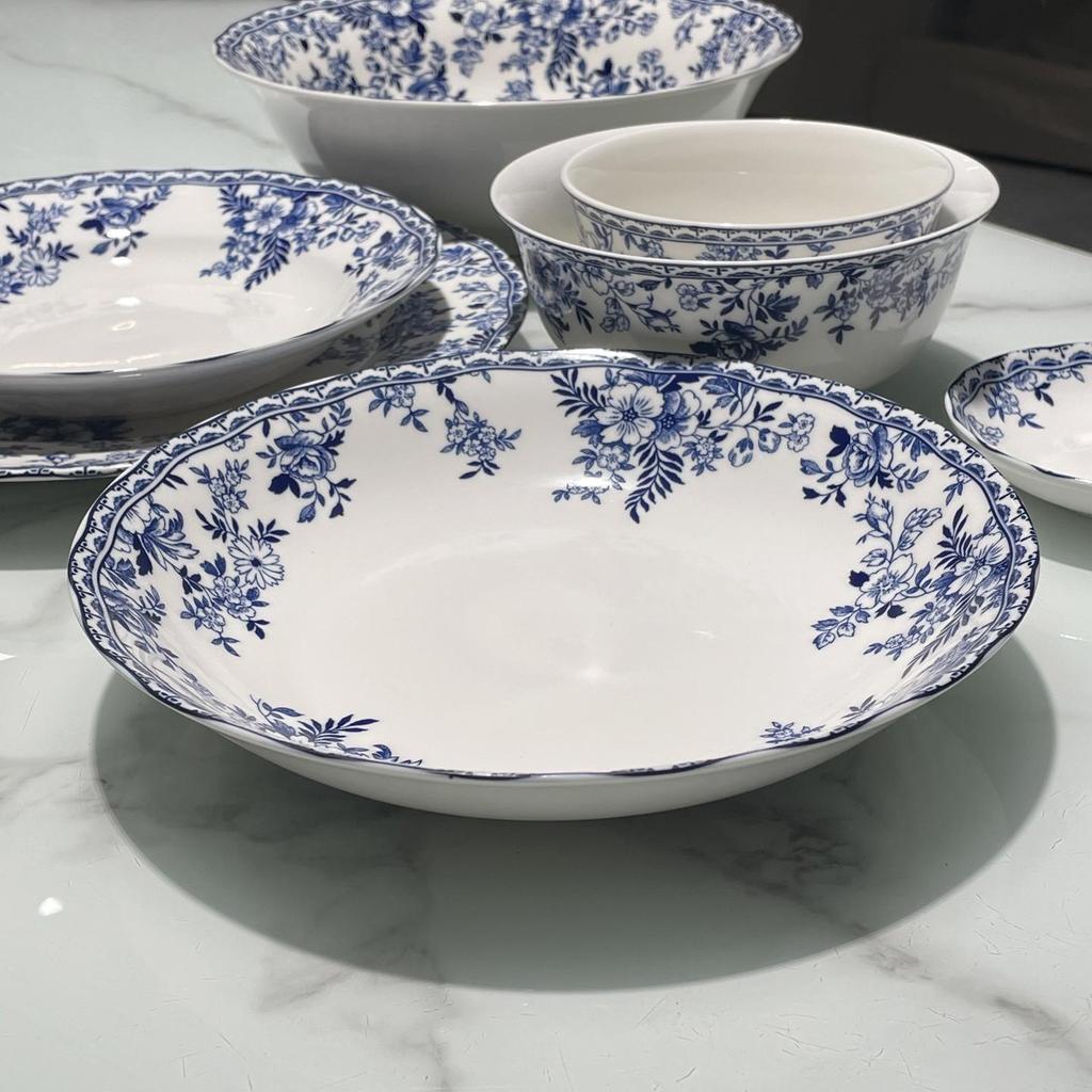 Blue and White Porcelain Pastoral Style Large Noodle Bowl, Microwave-Safe Ceramic Vegetable Dish, Underglaze Tableware