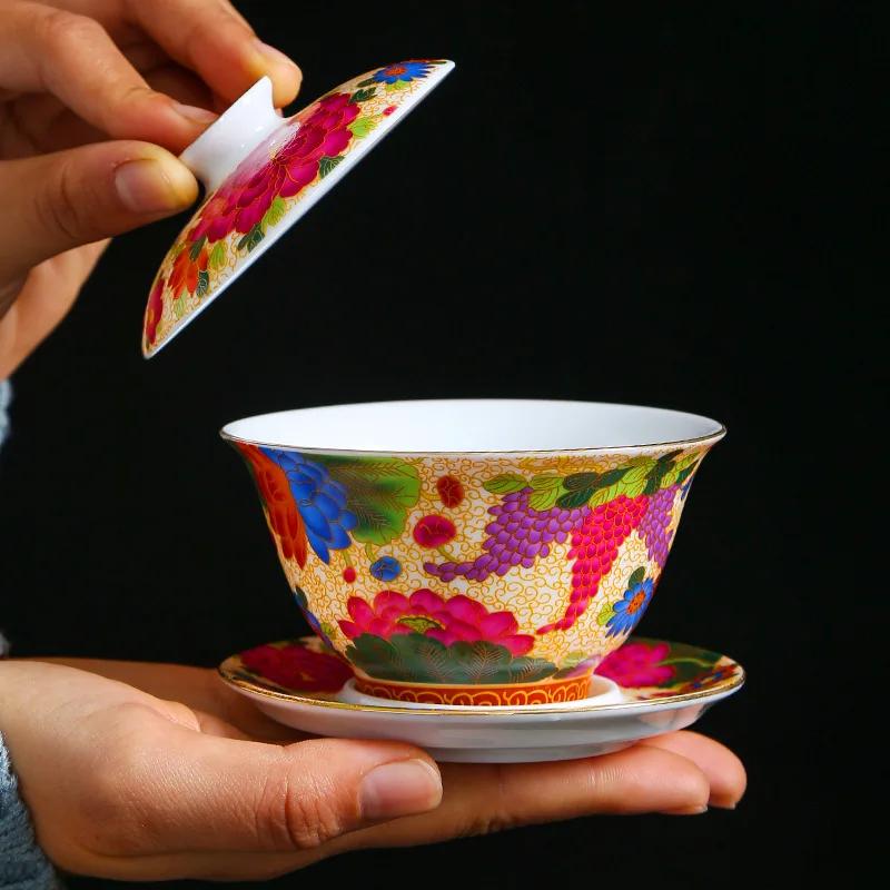 Color Enamel Gaiwan White Porcelain Cover Bowl Golden Kung Fu Tea Set Handpainted Peony Flower Tureen Travel Teaware