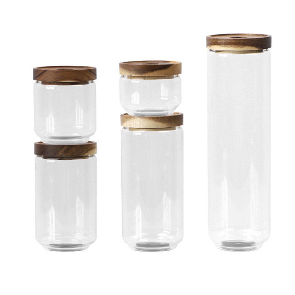 

Heat-Resistant Transparent Glass Storage Tank Wooden Lid Portable Food Grain Jar Sealed Canister Kitchen Storage Container 500Ml 9X10CM
