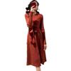 Lightly Mature French Retro Rust Red Cross-Strap Knit Dress With Waist-Cinch - Women's Autumn/Winter A-Line Mid-Length Skirt