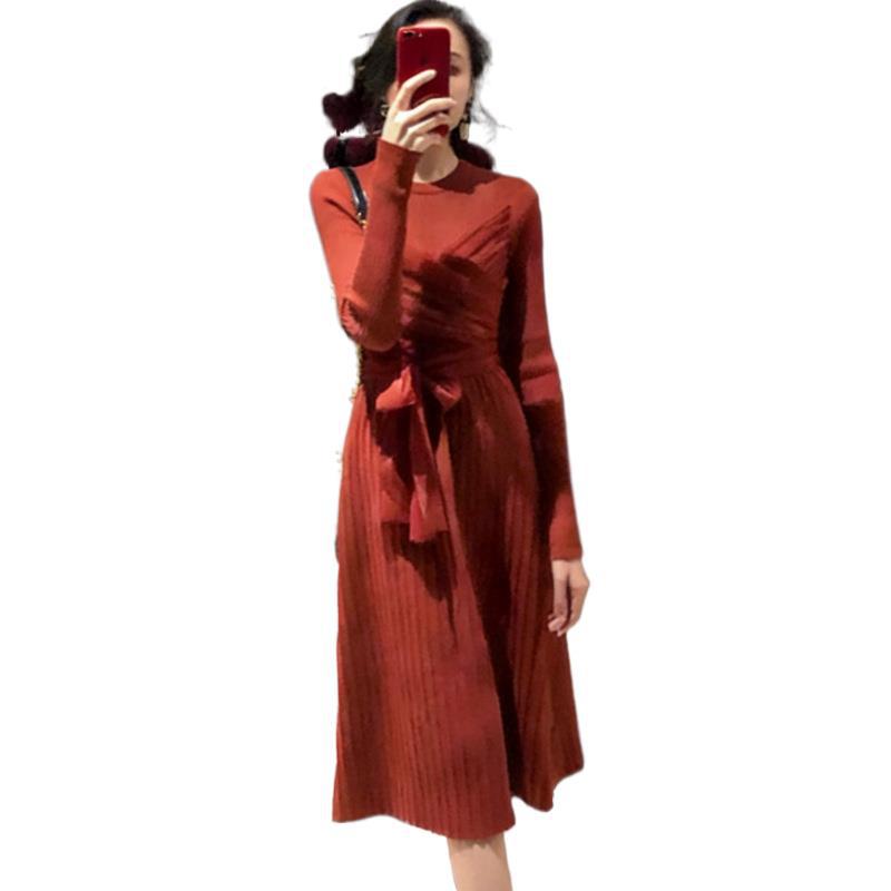 Lightly Mature French Retro Rust Red Cross-Strap Knit Dress With Waist-Cinch - Women's Autumn/Winter A-Line Mid-Length Skirt