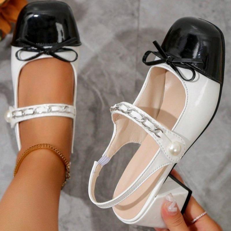 Mary Jane High Heels Women 2025 New Summer Round Toe Light Mouth Colorblock Metal Chain Slip Strap Square Heel Sandals