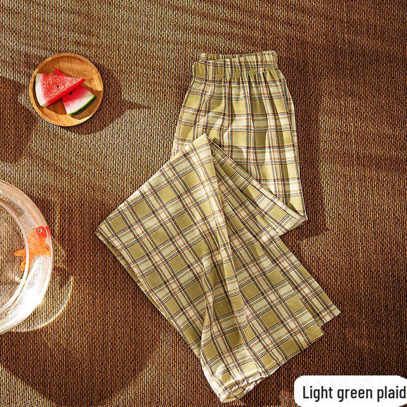 Women's Summer Plaid Trousers Loose Elastic High-Waist Wide-Leg Pants