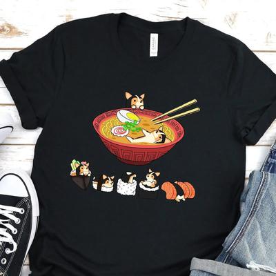 Funny Tricolor Welsh Corgi Raunisex Sushi Kawaii 100 Cotton Casual T Shirt Vintage Stylish Top For Everyday Wear Streetwear