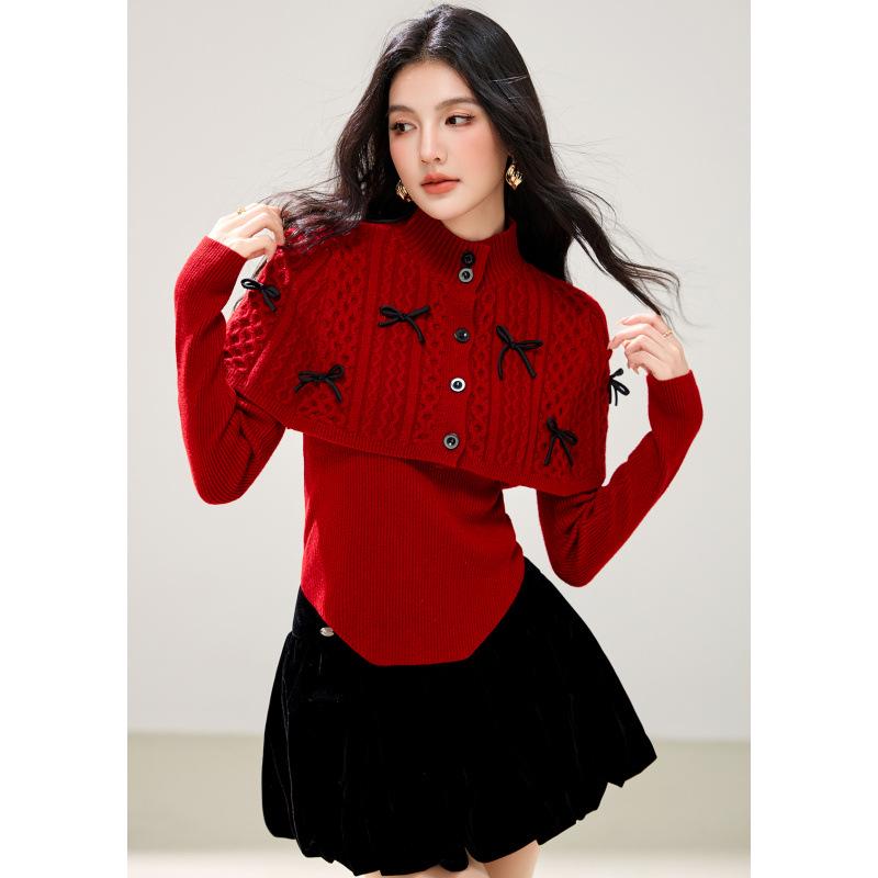 Red High Neck Patchwork Sweater & Skinny Knitwear Two-Piece Set, 2026 Lazy Style