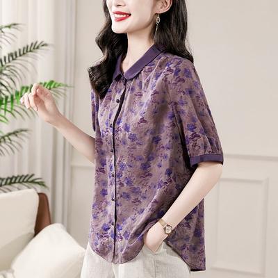 Chemise d'été élégante et vintage pour femme, imprimé floral, en lin, patchwork, manches courtes, hauts décontractés amples irréguliers pour dames