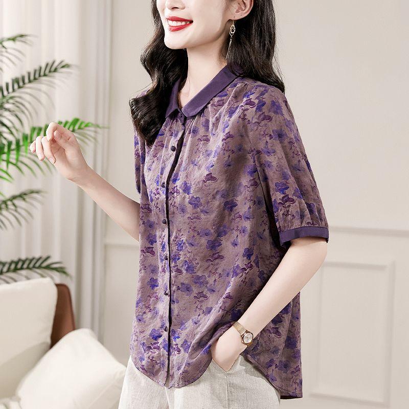 Women's Stylish Vintage Floral Print Linen Shirt Summer Elegant Patchwork Half Sleeve Blouse Ladies Casual Loose Irregular Tops