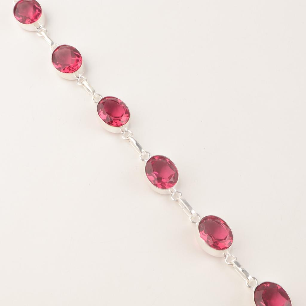 Pink Tourmaline Gemstone 925 Sterling Silver Jewelry Handmade Boho Bracelet 9" RB-5-1