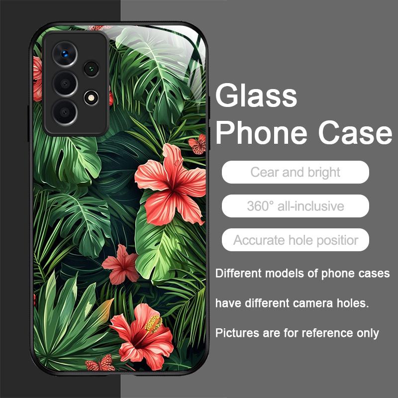 Fashion Palm Leaf Floral Pattern Tempered Glass Phone Case for Samsung Galaxy A56 A55 A54 A53 A52 A36 A14 A15 5G Anti-drop Cover