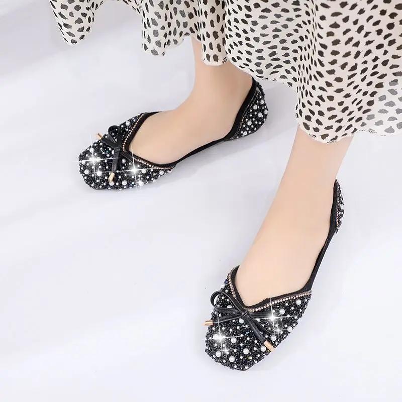 Fashion Pink with Crystals Diamond Ladies Footwear Green Rhinestone Women's Flat Shoes Bow Korean Style Y2k Vintage Fashion Cheap A Line