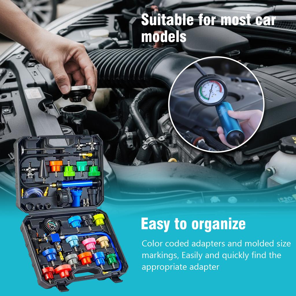 31 Pcs Radiator Cooling System Pressure Tester Kit Cooling System Water Tank Leak Test Detector Set for Cars Motorcycles Trucks