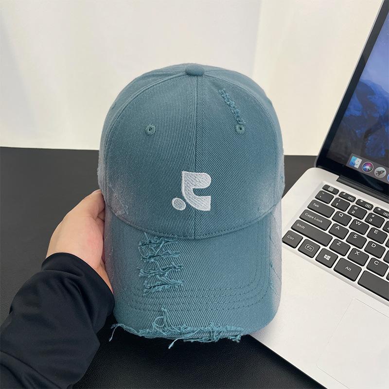 Retro ripped embroidery letters baseball cap men's spring and summer versatile big head circumference showing face small peaked cap women