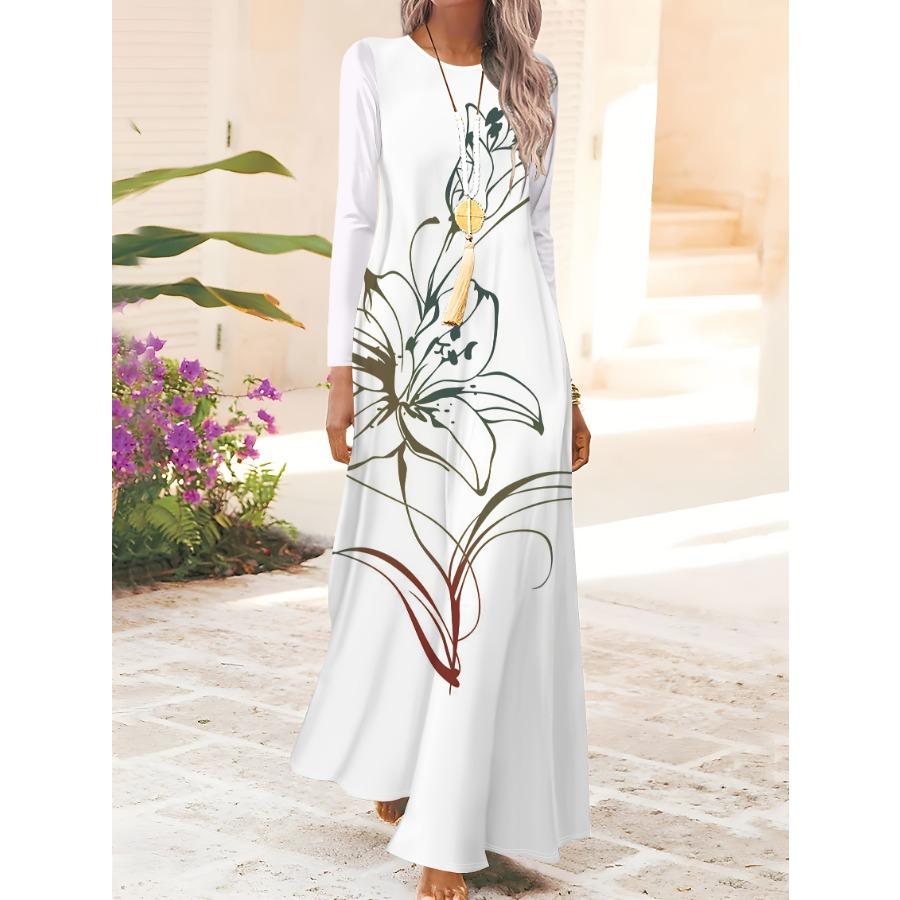 Women's Long Sleeve Round Neck Floral Print Dress Vacation Style Summer Casual A-Line Midi Dress Spring Autumn Fashion